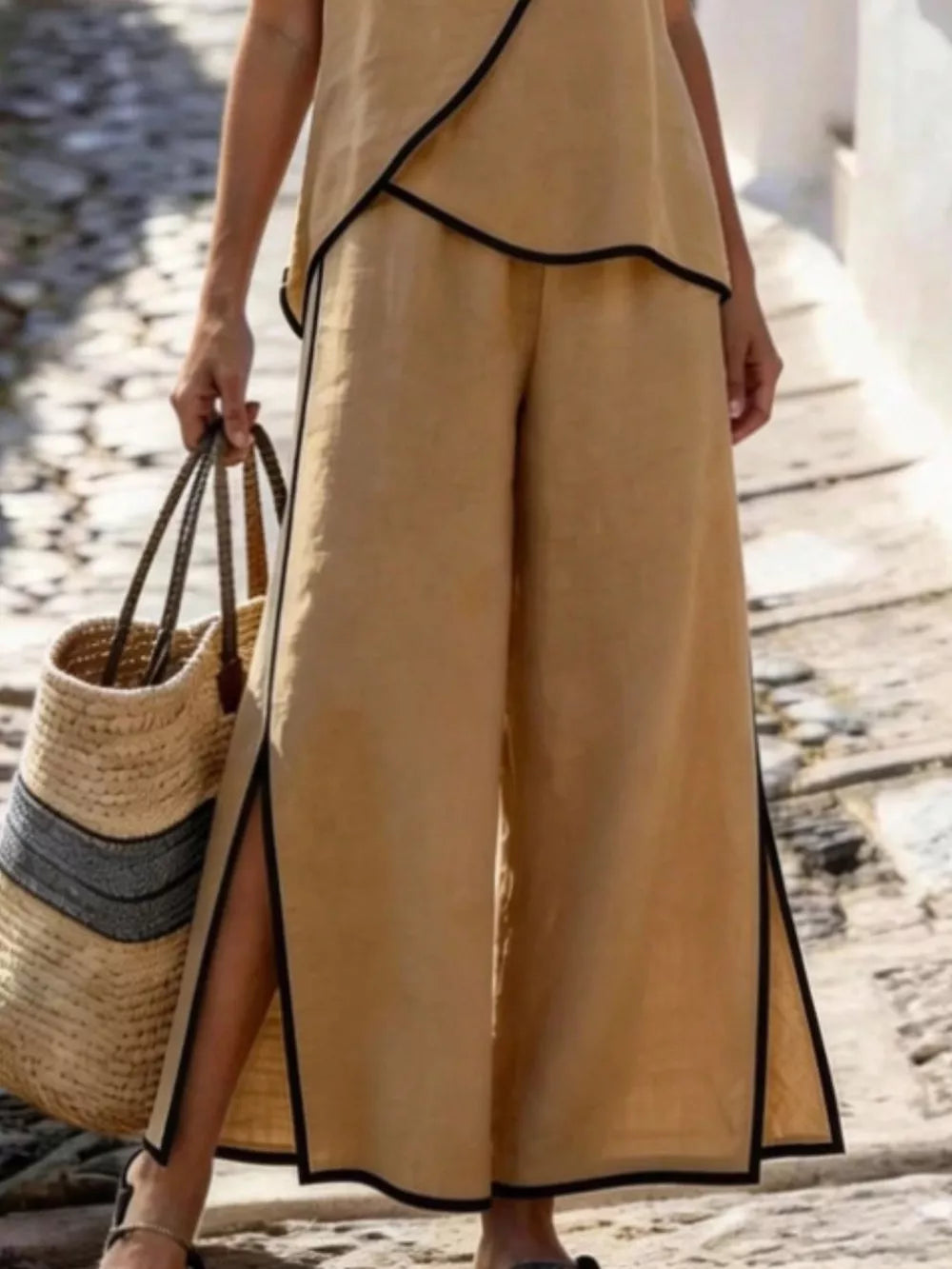 Contrast Trim Top And Slit Pants Set, model styling view