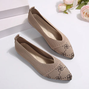 Khaki knit pointed ballet flats with allover monogram print detail