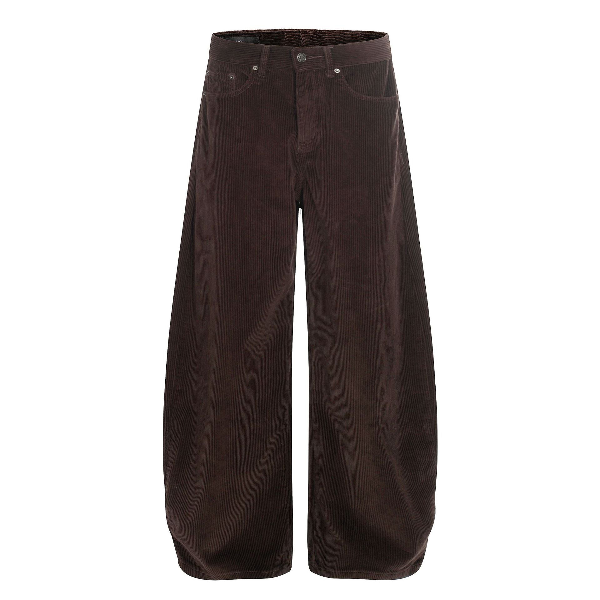 Brown corduroy wide-leg joggers with button fly and adjustable waist.
