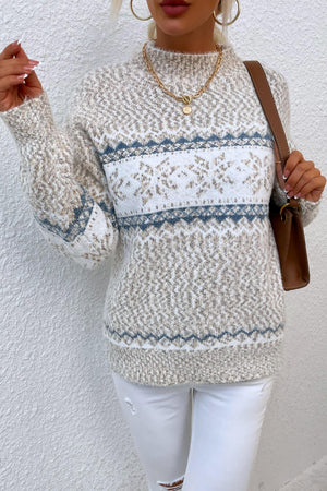 Nordic Fair Isle mock neck knit sweater in Sand with blue and white pattern.