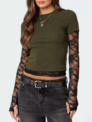 Military green cropped t-shirt with black lace sleeves and hem detail.