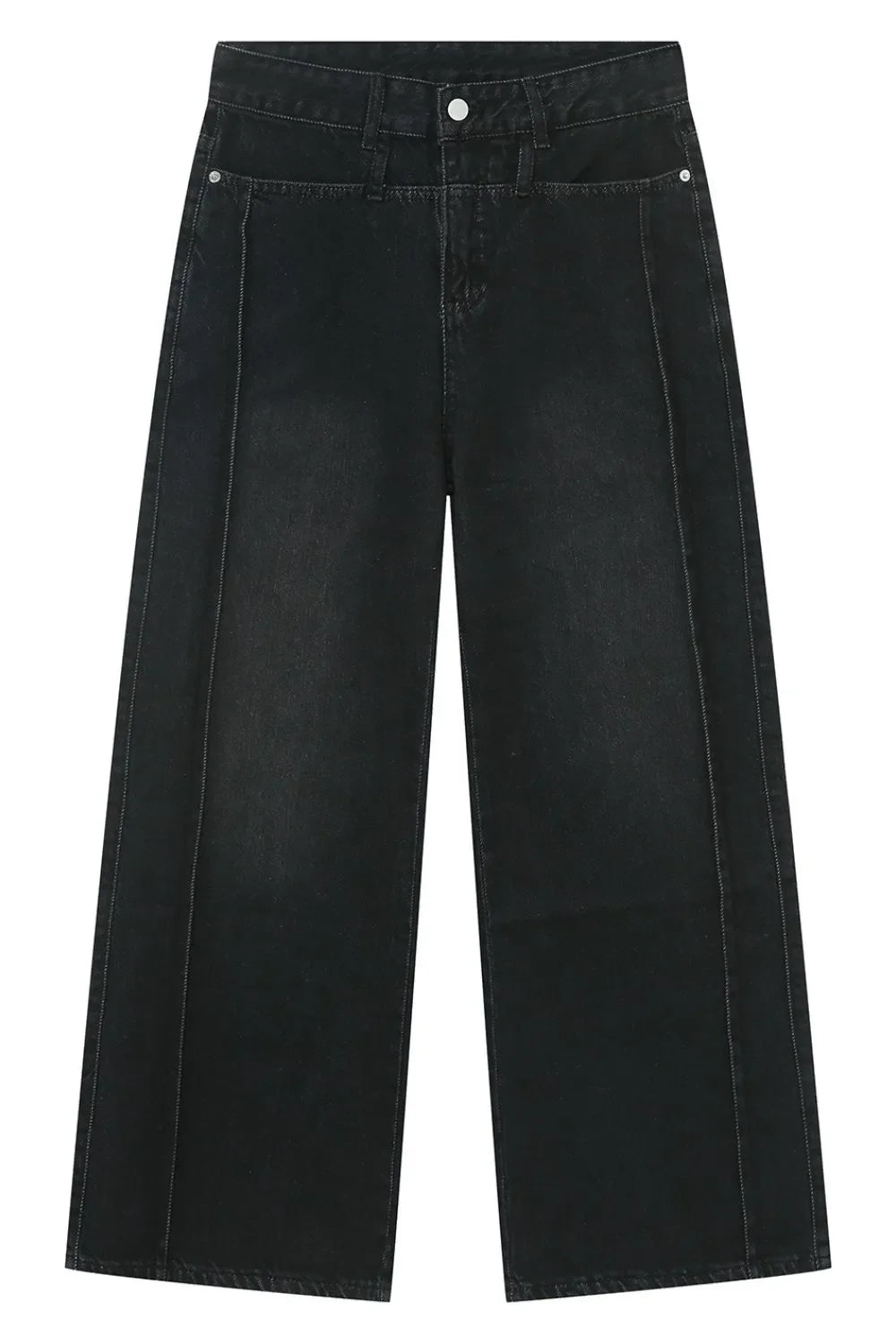 Dark wash cotton denim jeans with wide legs and vertical seams.
