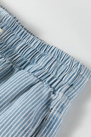Blue and white striped denim shorts with elastic drawstring waist