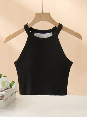 Black ribbed halter crop top with contrast stitching detail