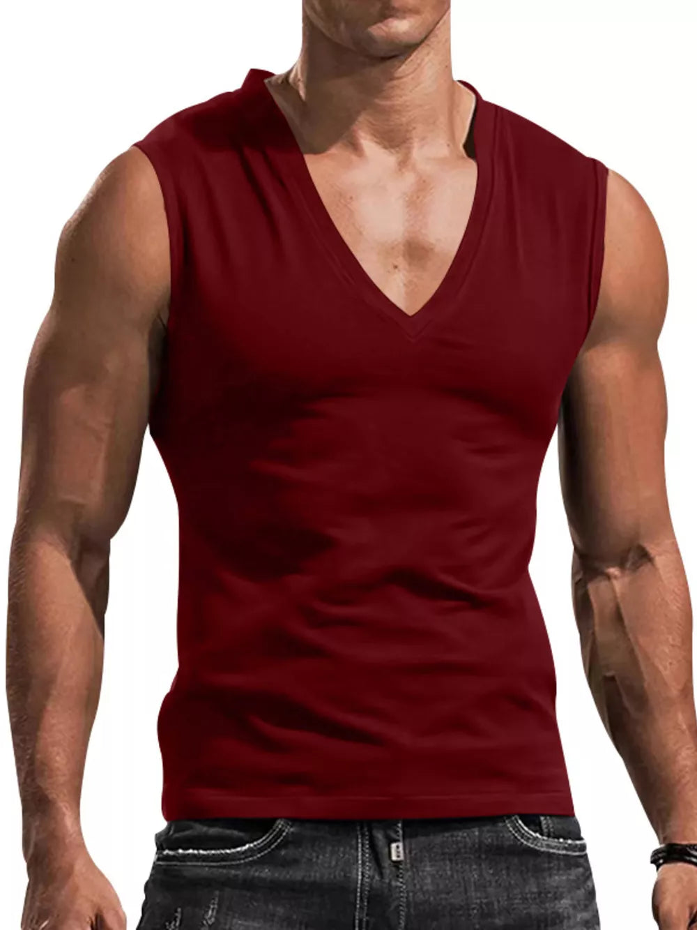 Men's Full Size V-neck Tank Top Plus Size in Royal Blue, fit detail