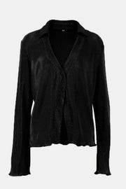 Black pleated long sleeve shirt with a V-neck and button front, featuring a lettuce hem.
