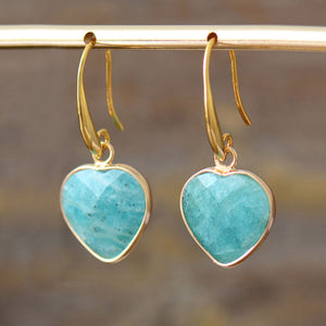 Amazonite heart drop earrings with gold-tone copper hooks.
