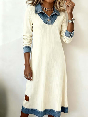 Ribbed knit midi dress in cream with denim collar, cuffs, and hem trim. Buttoned placket.