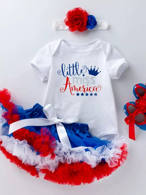 Baby patriotic outfit with "Little Miss America" bodysuit, ruffled bloomer, and headband.
