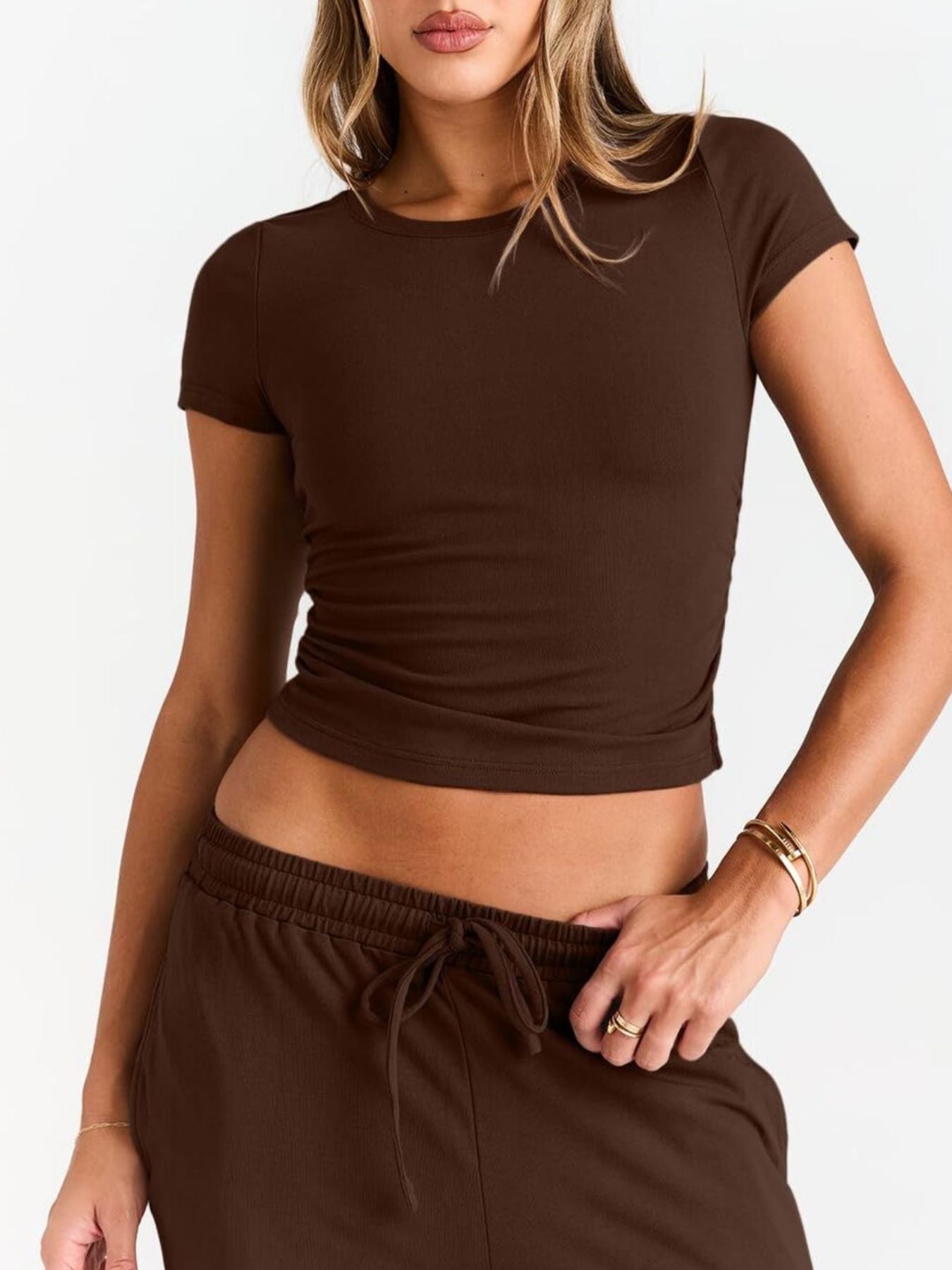 Brown round neck tee and relaxed pants with drawstring waist