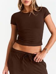 Brown round neck tee and relaxed pants with drawstring waist