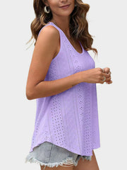 Lavender eyelet scoop-neck trapeze tank top with a breathable, casual fit.