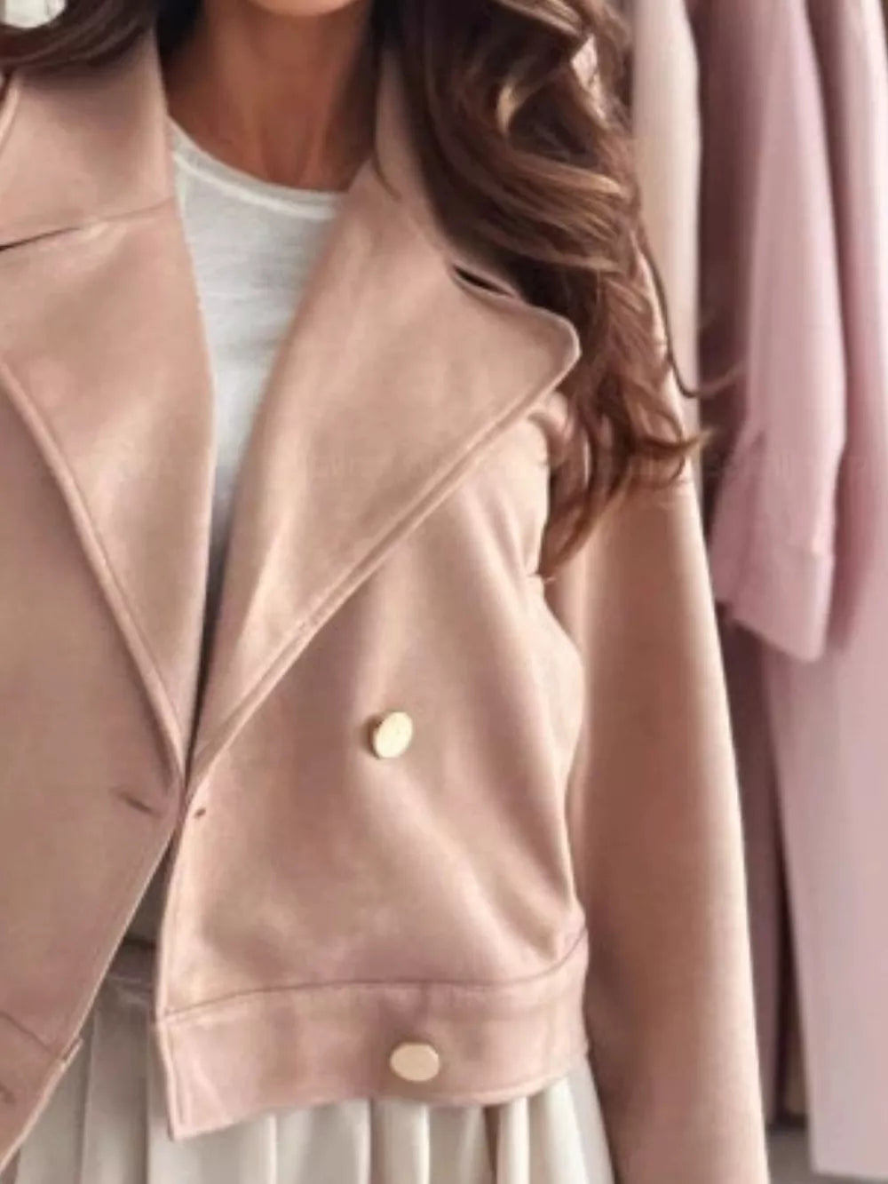 Chic Double-breasted Cropped Jacket in Dusty Pink, fabric detail