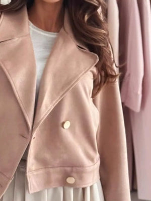 Chic Double-breasted Cropped Jacket in Dusty Pink, fabric detail