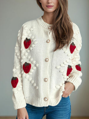 Cream knit cardigan with strawberry patches and pearl buttons