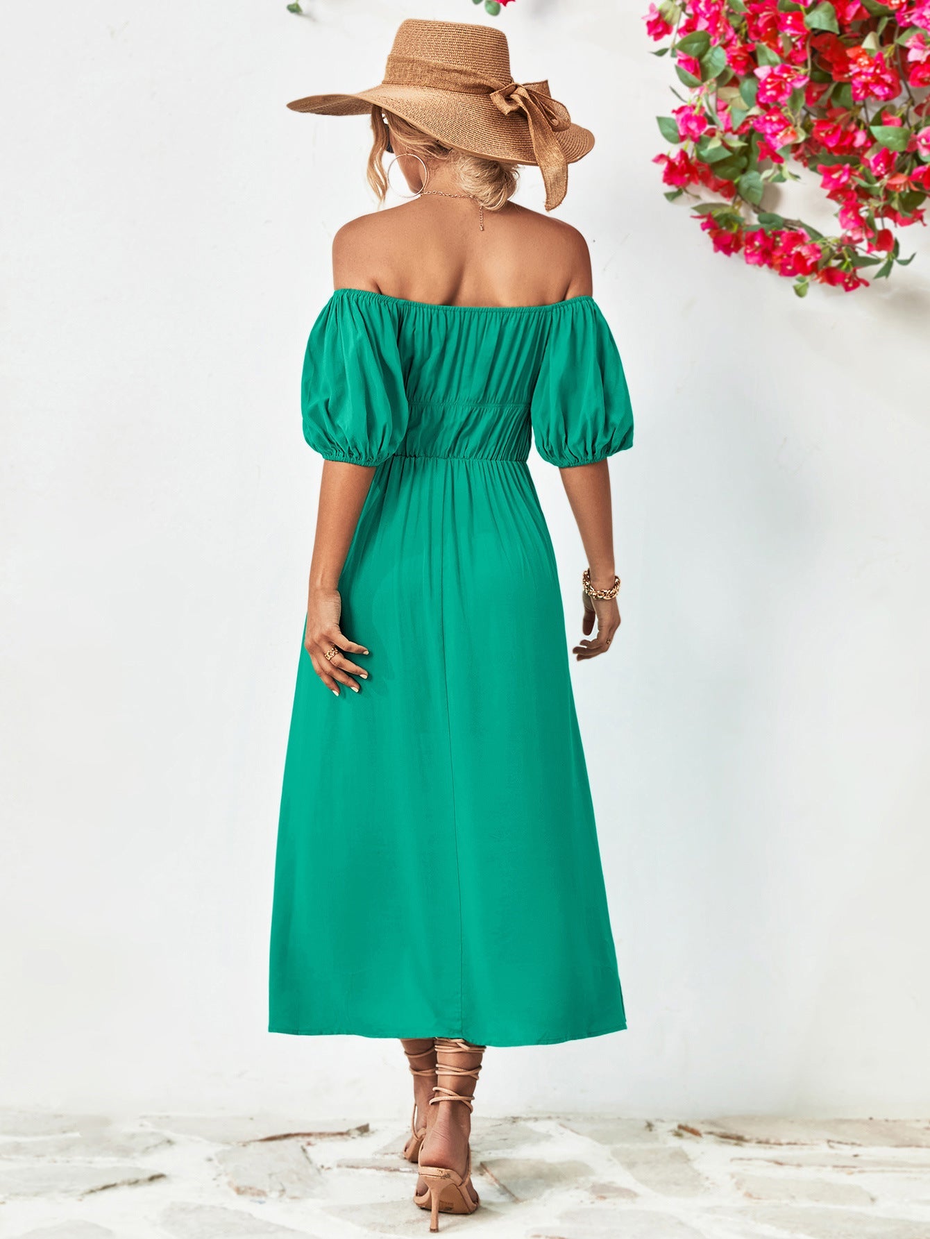 Gathered bodice off-shoulder midi dress in green with puff sleeves and A-line skirt.