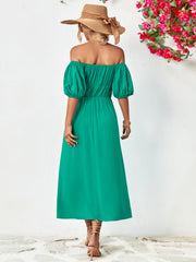 Gathered bodice off-shoulder midi dress in green with puff sleeves and A-line skirt.