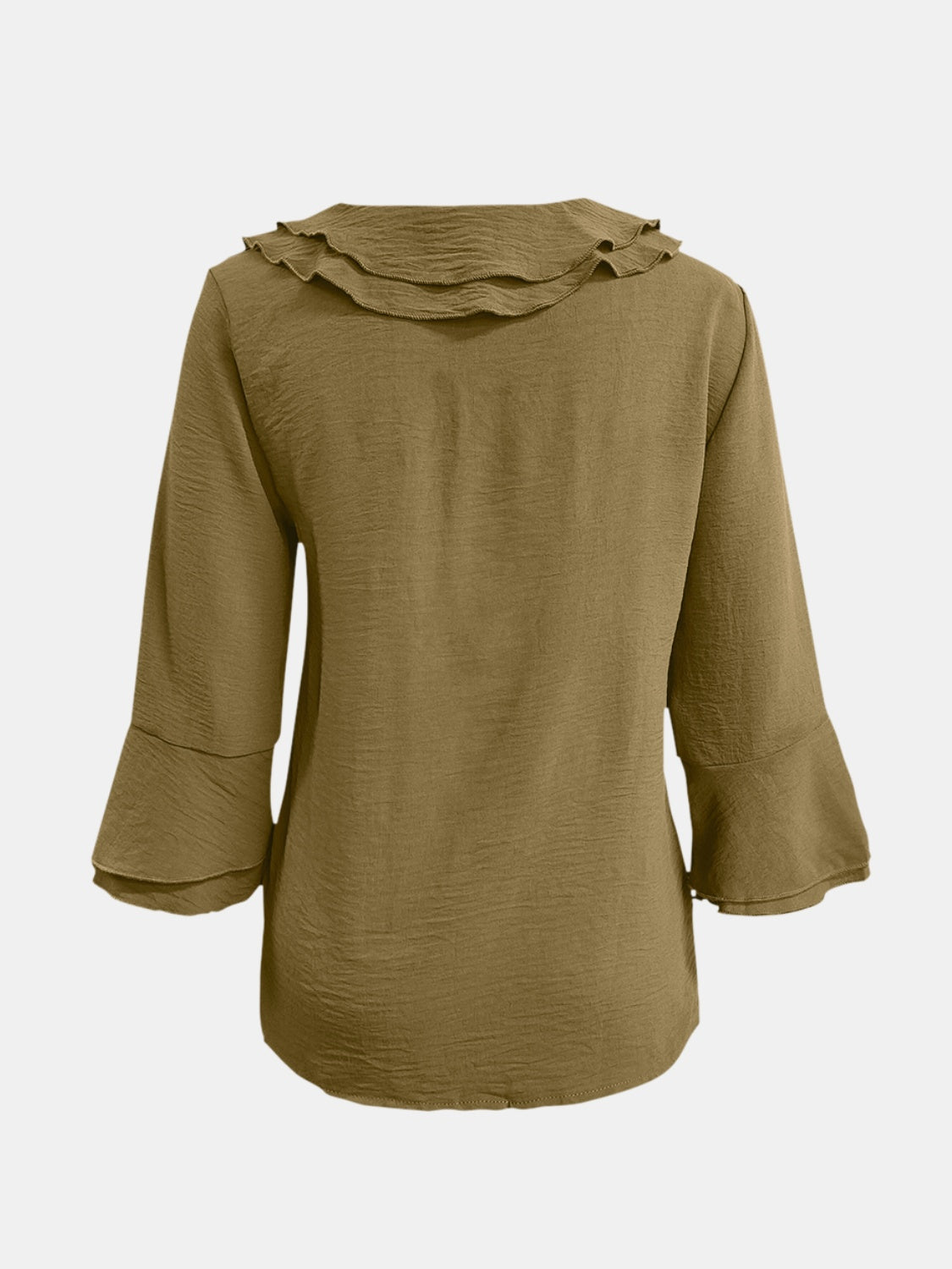 Olive green linen blouse with ruffled neckline and flared sleeves