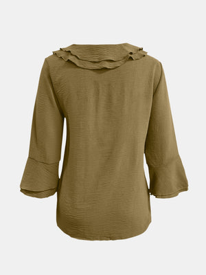 Olive green linen blouse with ruffled neckline and flared sleeves