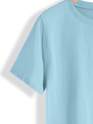 Light blue crewneck t-shirt with short sleeves and a clean hem.