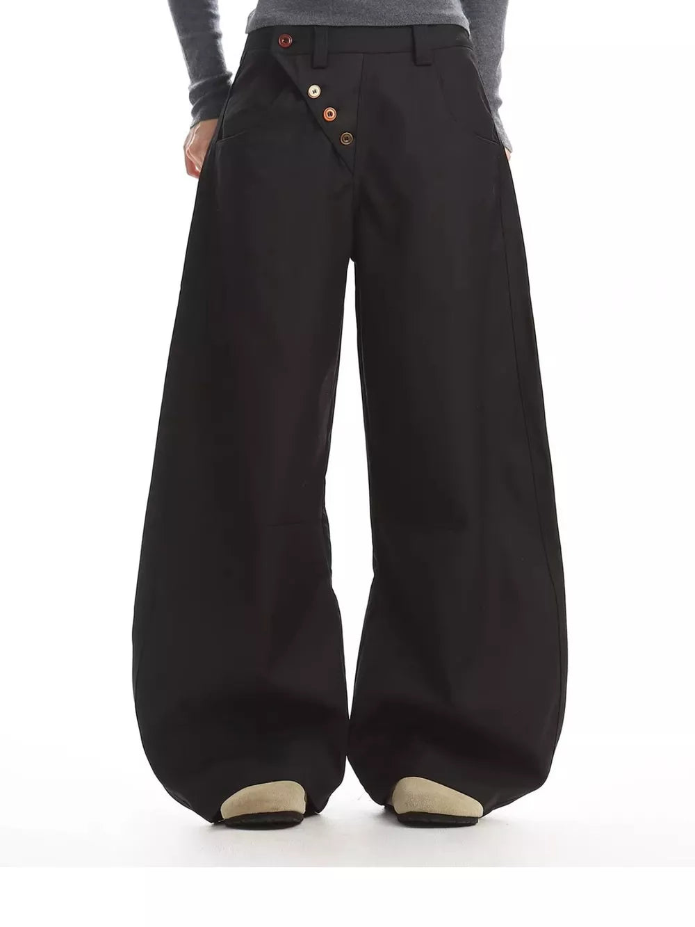 Black relaxed fit button-fly wide-leg chinos with decorative buttons
