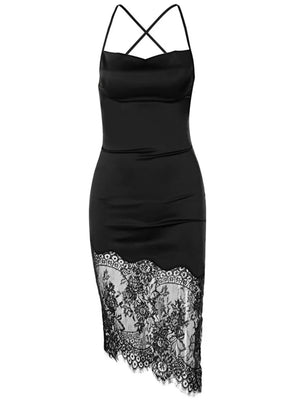 Black satin cowl neck dress with lace trim and crisscross straps