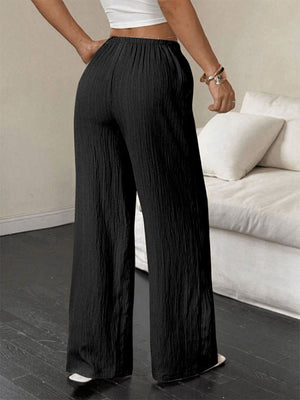 Black crinkled wide-leg drawstring pants with elastic waistband