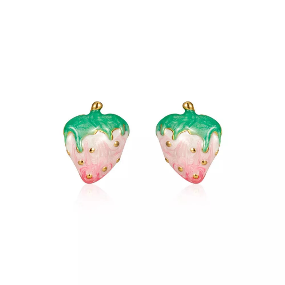 18k gold strawberry charm earrings with pink and green enamel and gold bead details.