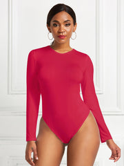 Red long sleeve ribbed bodysuit with a crew neck.