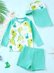 Children's turquoise dinosaur print swimwear set with long sleeves, shorts, and sun hat.