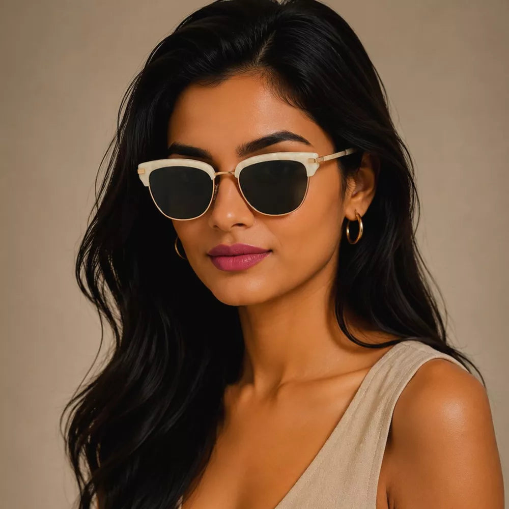 Classic Clubmaster Sunglasses With Gold Accents in Black, back view