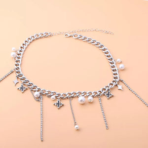 Tassel Star-moon Synthetic Pearl Pendant Choker in Silver, back view