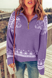 Lavender knit pullover sweater with geometric pattern and zip neck.