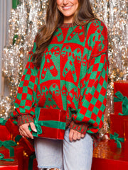 Checkerboard candy cane intarsia sweater in red and green with crewneck and long sleeves.