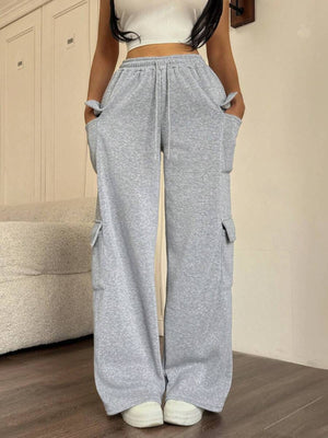Relaxed fit gray cargo pants with drawstring and multiple pockets