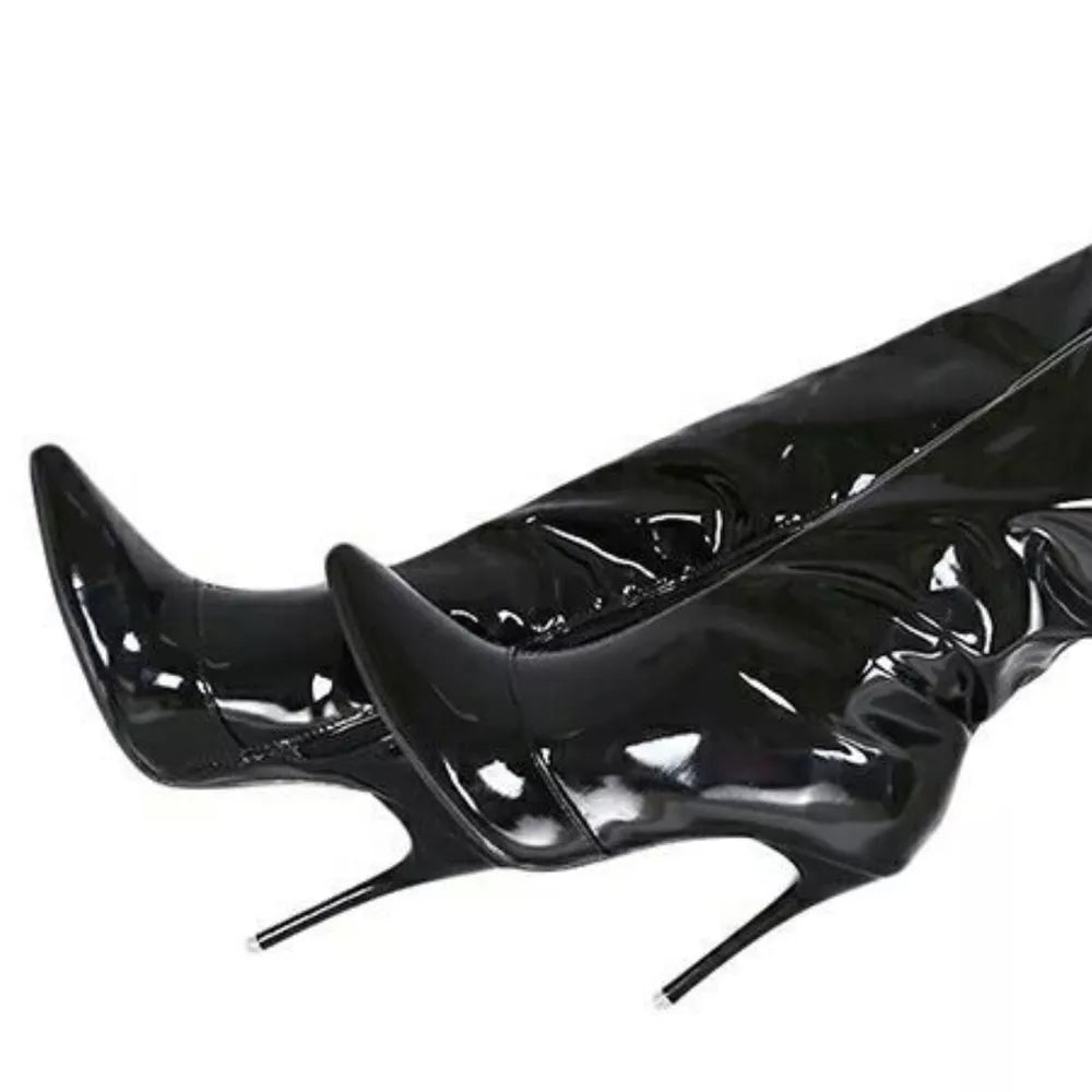 Black patent thigh-high stiletto boots with pointed toes and slender heels.