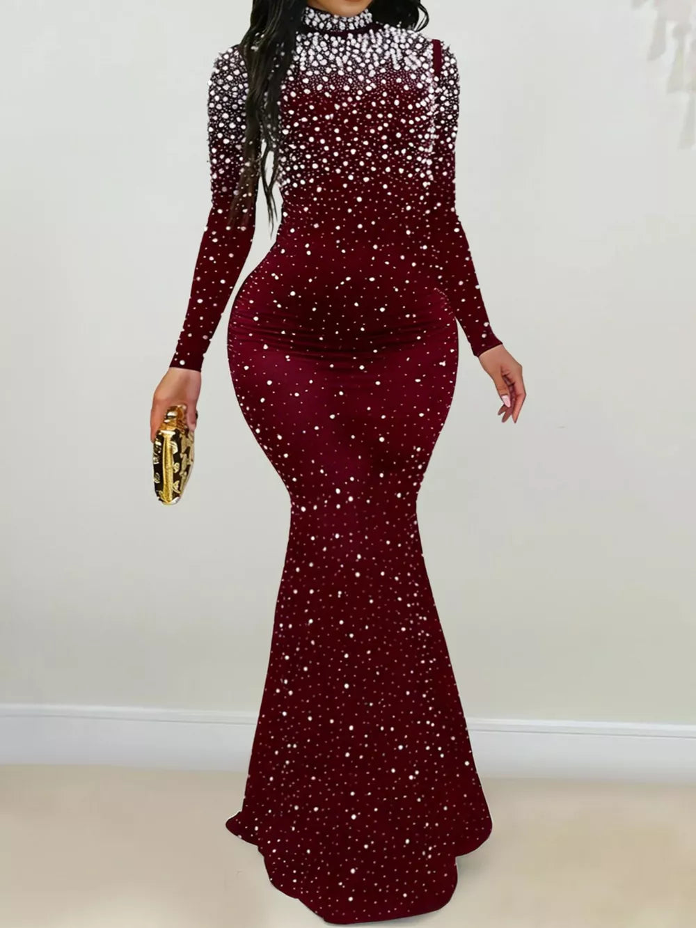 black formal gown with stretch and long sleeve