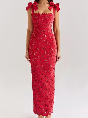 Red floral lace maxi dress with tie shoulder bows and cutout details.