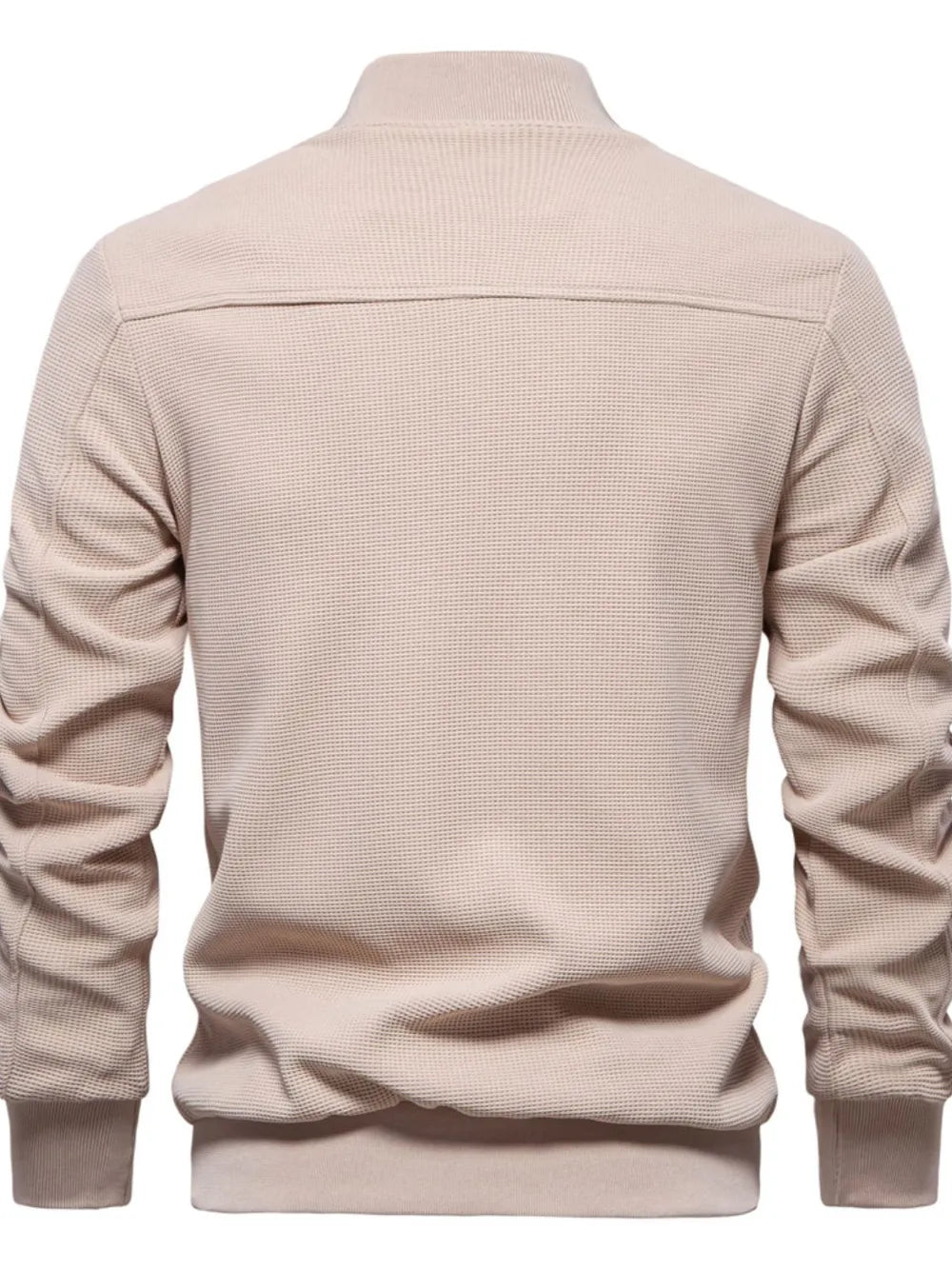Taupe textured knit bomber jacket with faux shearling collar detail