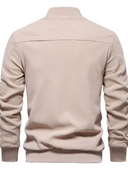 Taupe textured knit bomber jacket with faux shearling collar detail