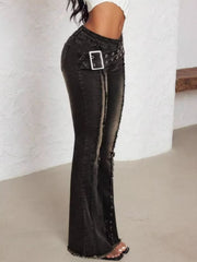 Belted high waist flare jeans in dark wash denim with distressed hem and buckle detail
