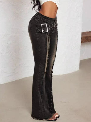Belted high waist flare jeans in dark wash denim with distressed hem and buckle detail
