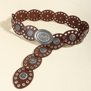Brown leather belt with eyelets and oval silver-tone embellishments