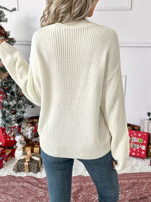 Cream ribbed knit sweater with crew neck and bow detail, acrylic, women's casual top.