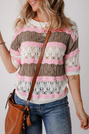 Striped openwork knit top with pink, taupe, and white stripes.