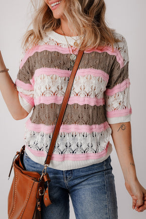 Striped openwork knit top with pink, taupe, and white stripes.