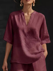 Notched V-neck two-piece set in deep red with pockets, casual women's outfit