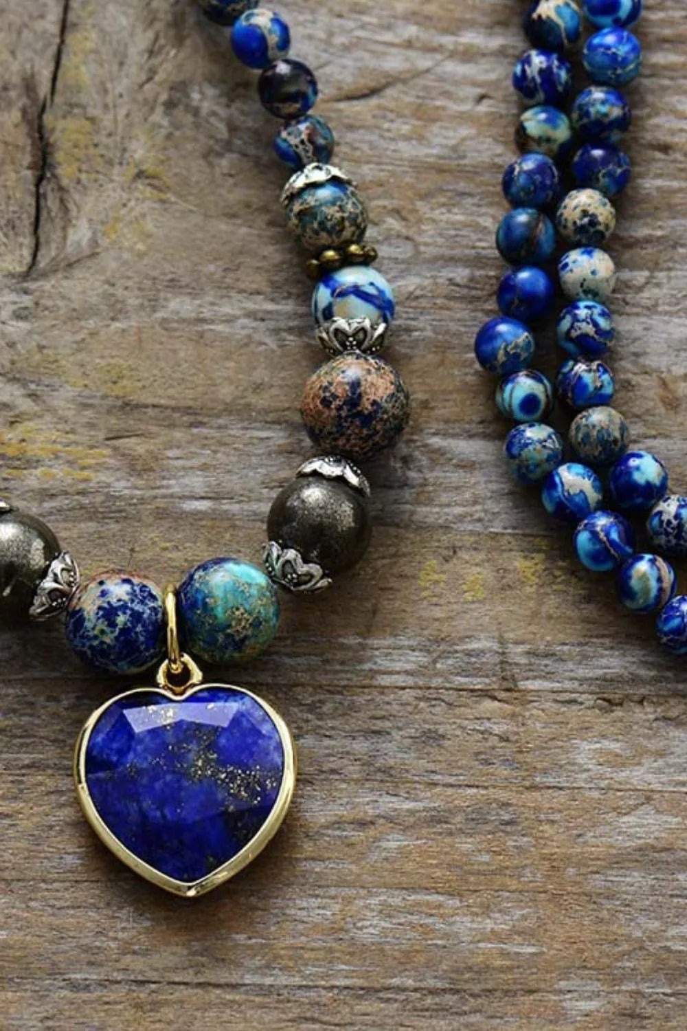 Azure Orb & Heartstone Wrap Bracelet with blue lapis lazuli heart pendant and mixed stone beads.