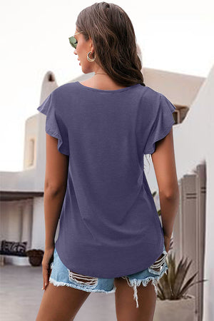 Ruffled sleeve tee in lavender with a scoop neck and curved hem.