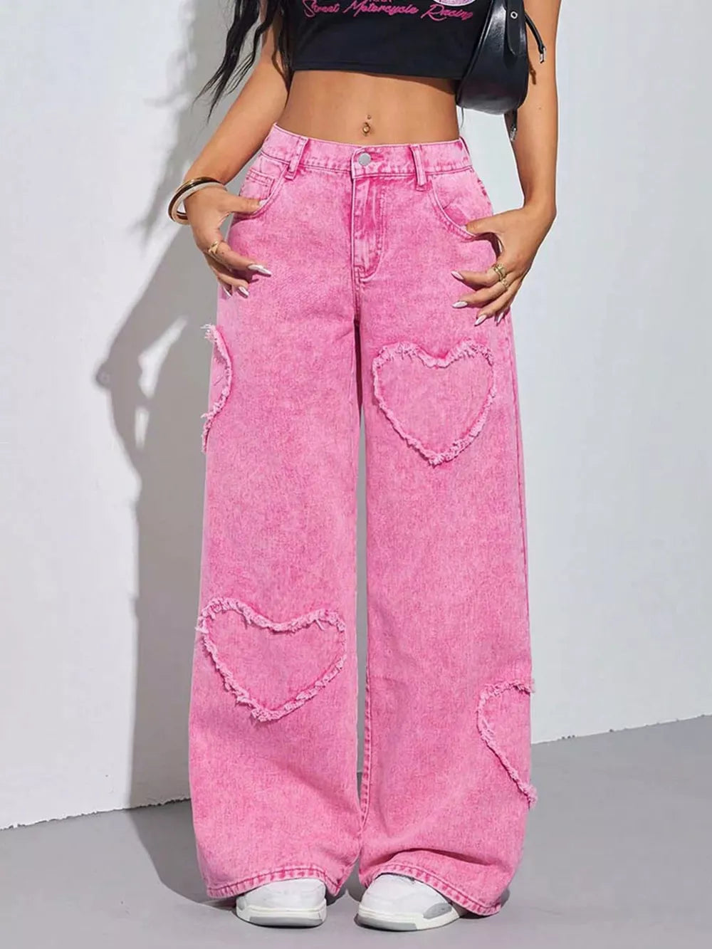Heart Applique Wide-leg Jeans